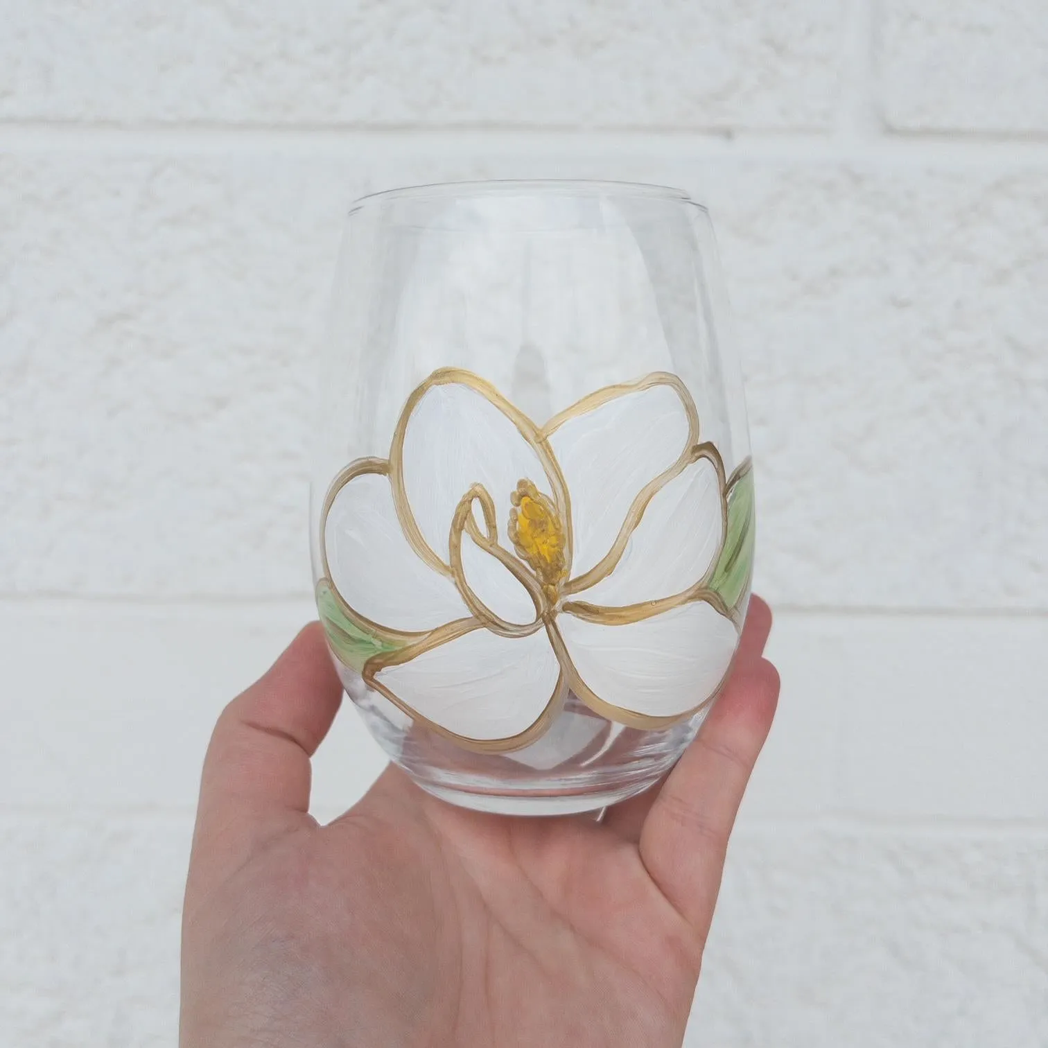 Magnolia Hand-Painted Wine Glass