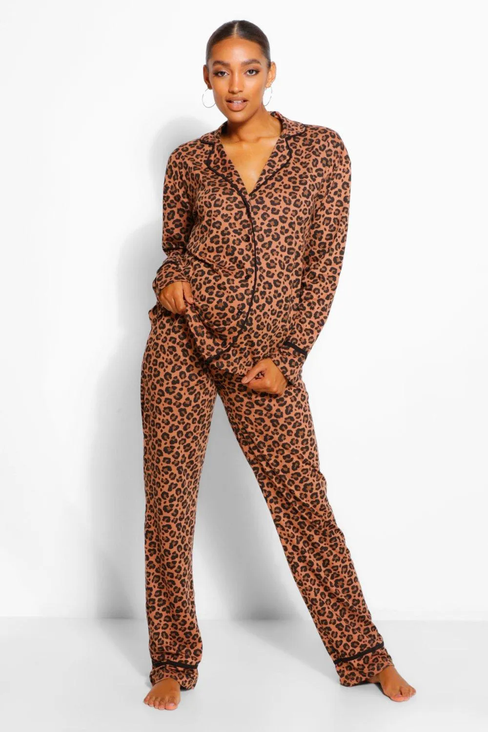 Maternity Leopard Print Pipe Detail Pj Pants Set