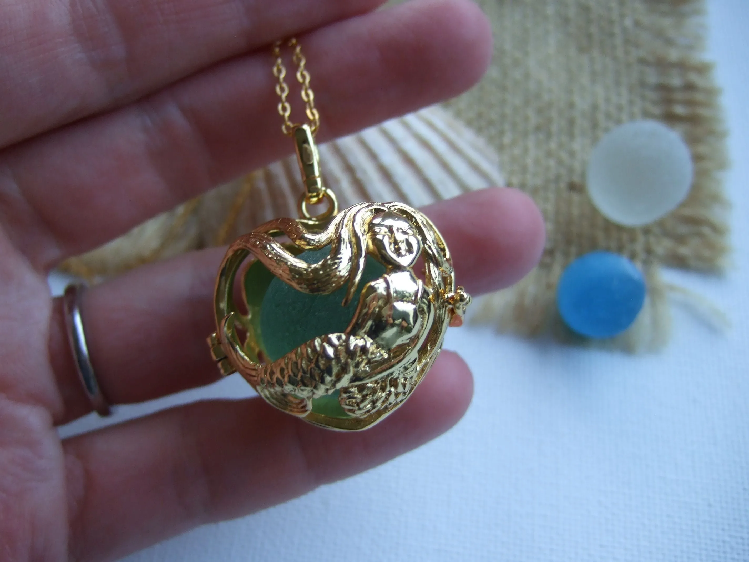 Mermaid Locket With One Or Three Sea Glass Marbles - interchangeable and openable