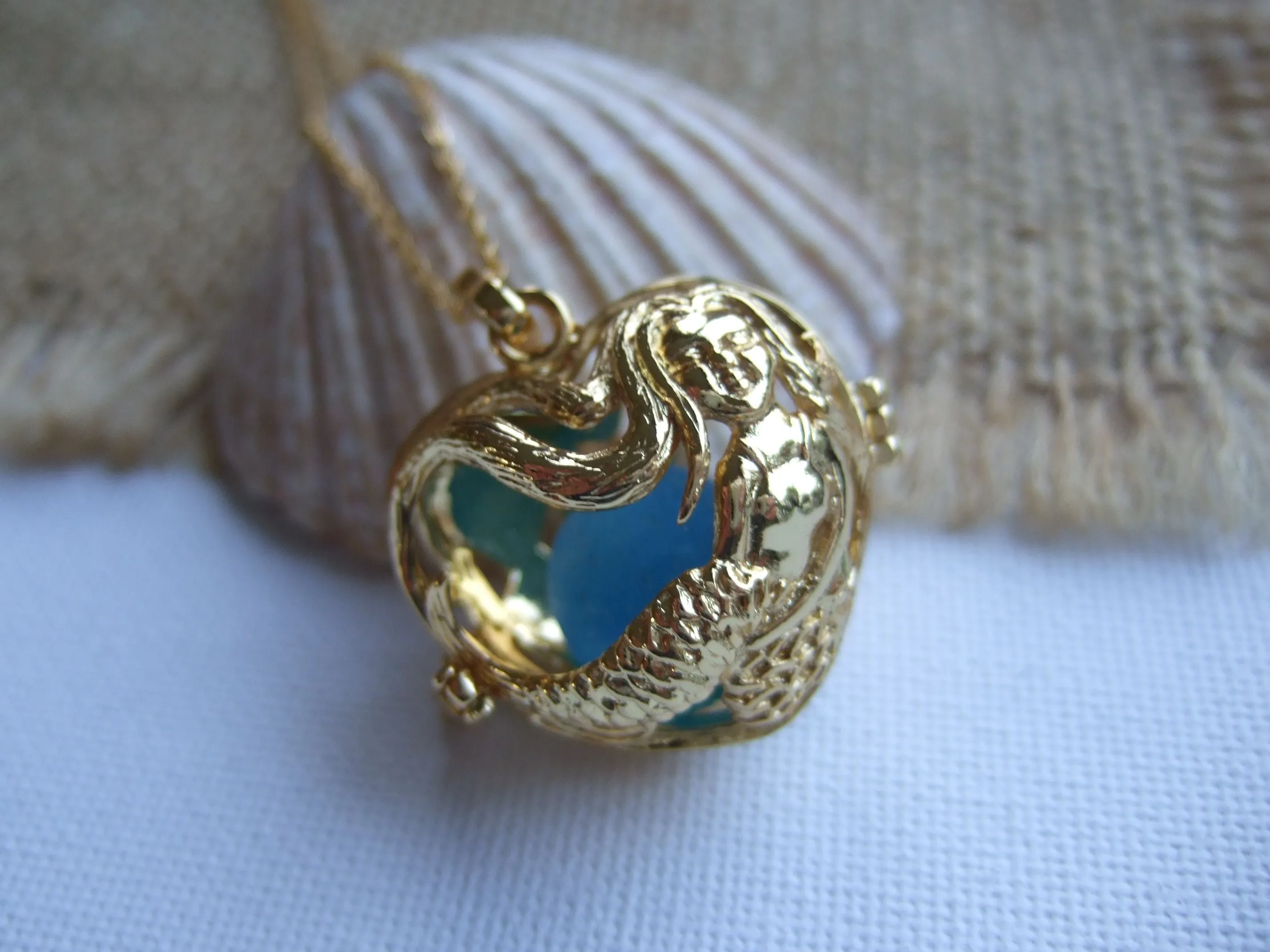 Mermaid Locket With One Or Three Sea Glass Marbles - interchangeable and openable