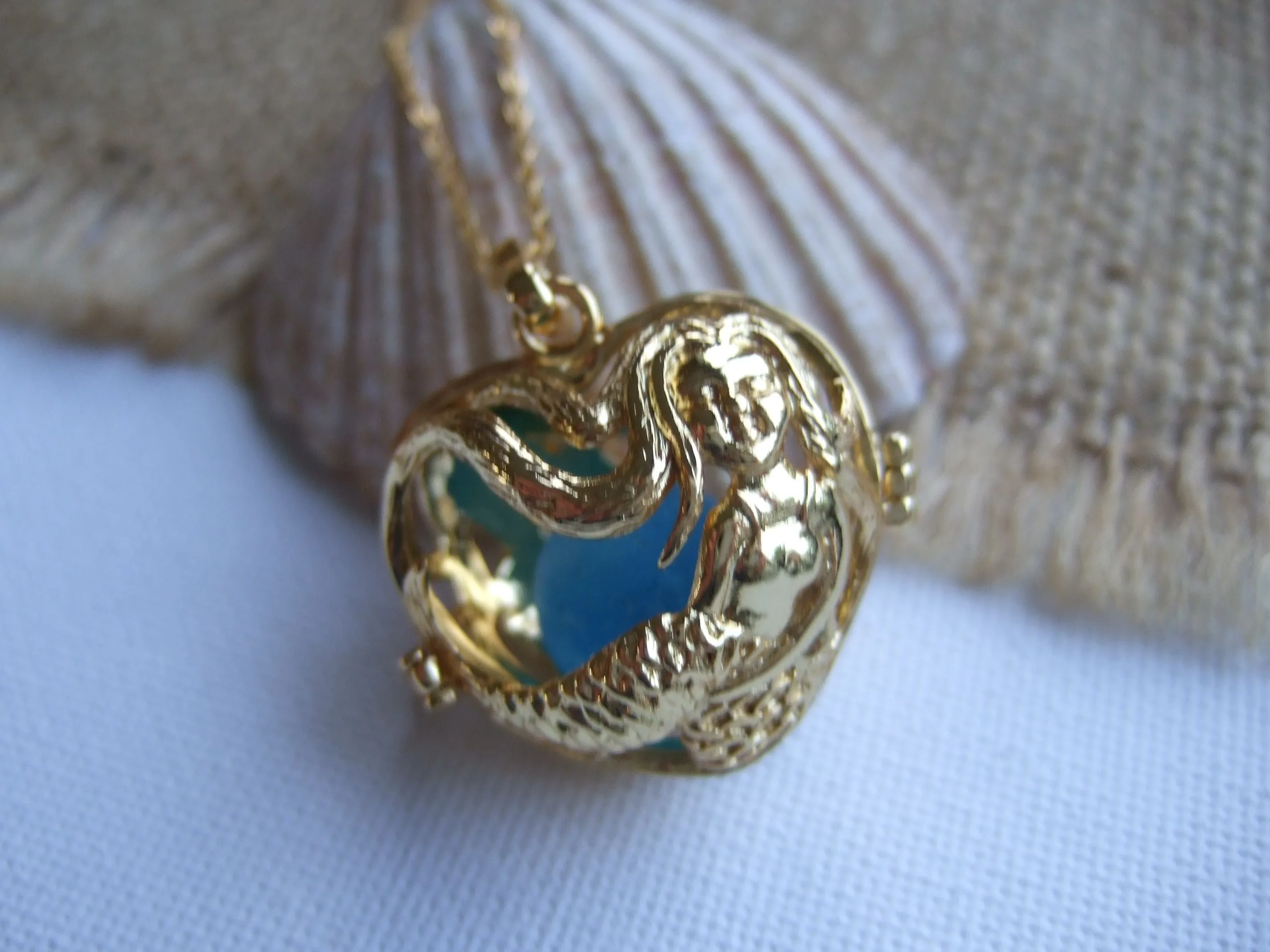 Mermaid Locket With One Or Three Sea Glass Marbles - interchangeable and openable