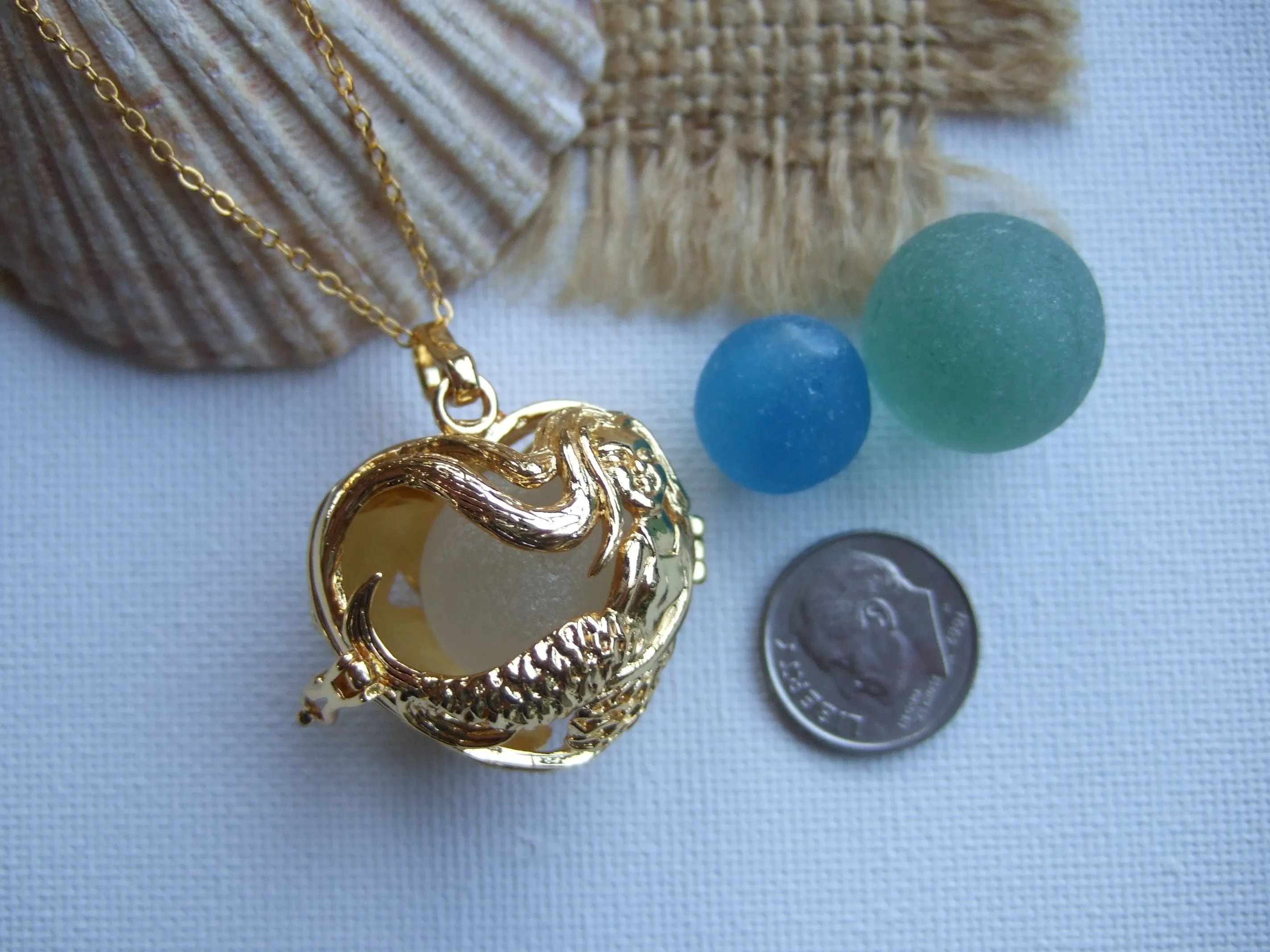 Mermaid Locket With One Or Three Sea Glass Marbles - interchangeable and openable