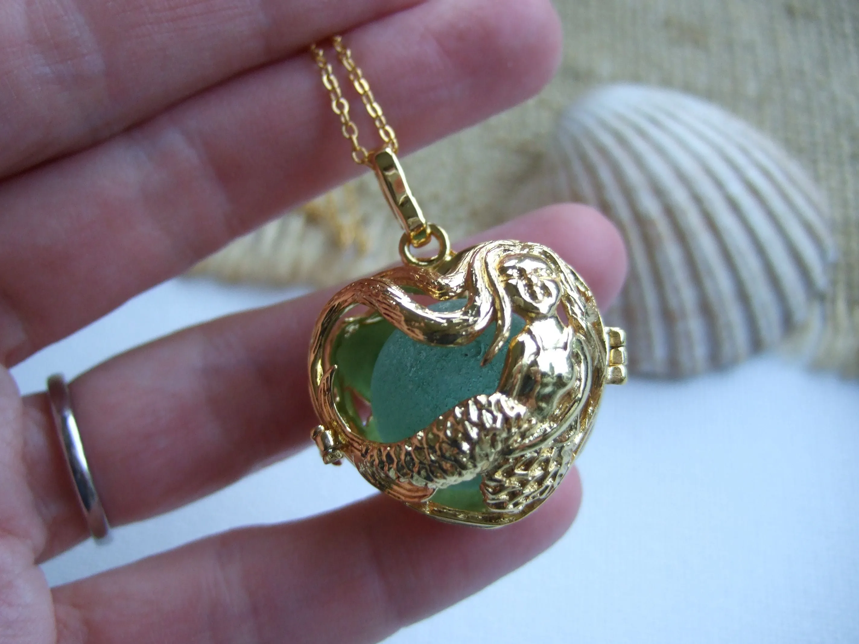 Mermaid Locket With One Or Three Sea Glass Marbles - interchangeable and openable