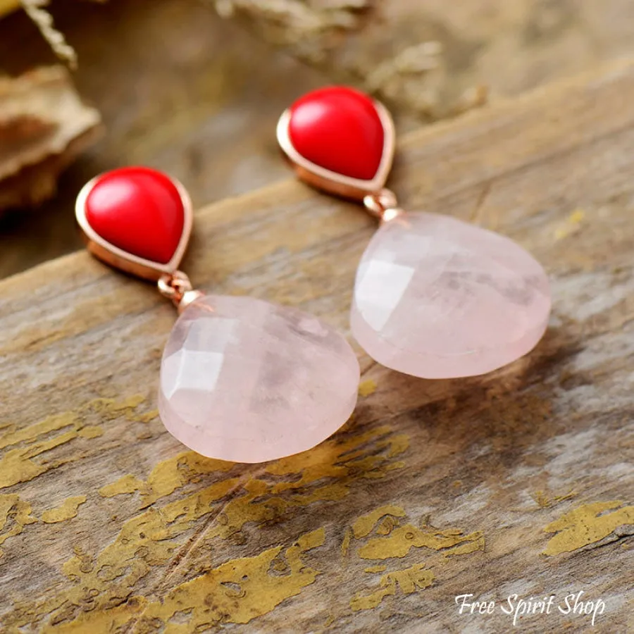 Natural Rose Quartz and Red Stone Drop Earrings