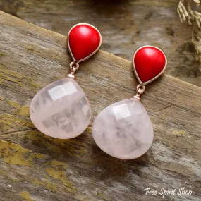 Natural Rose Quartz and Red Stone Drop Earrings