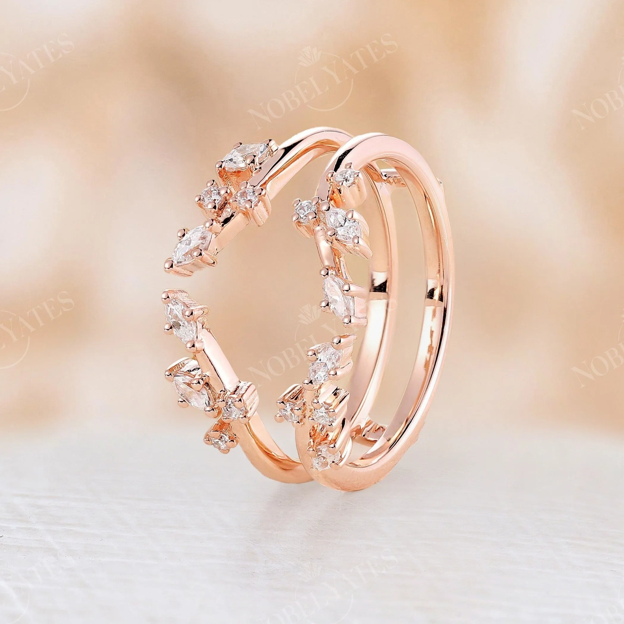 Nature inspired Marquise Moissanite Wedding Band Rose Gold