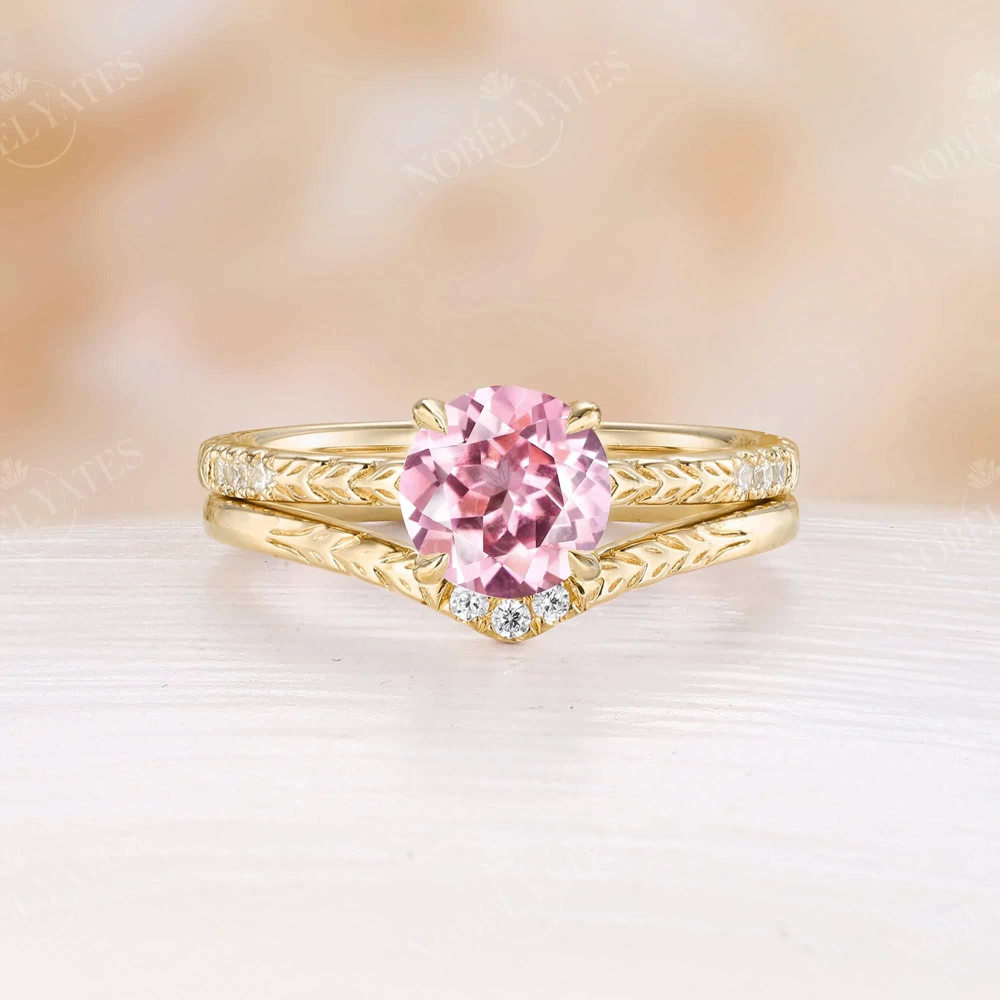 Nature Leaf Lab Grown Padparadscha Engagement Ring Set Rose Gold