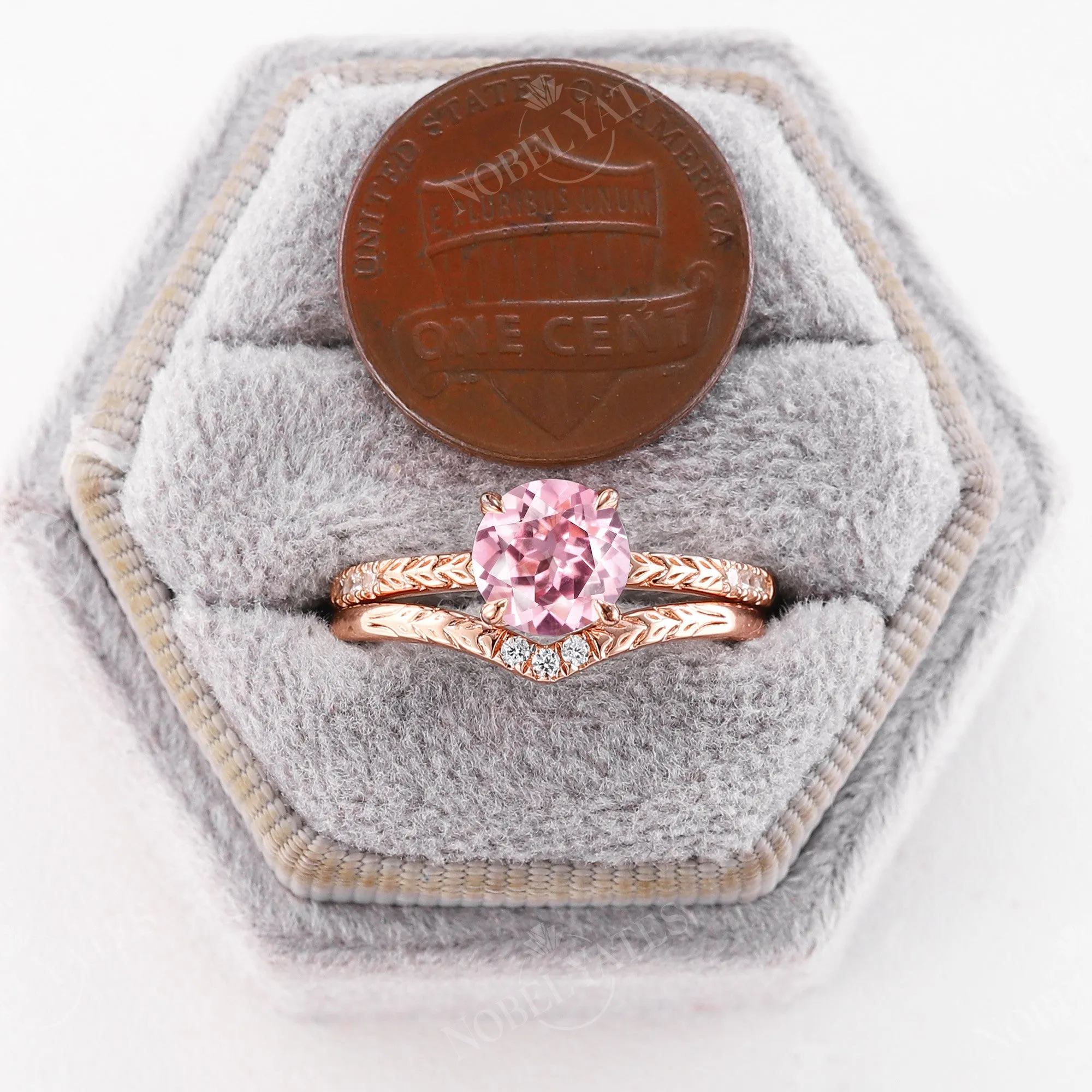 Nature Leaf Lab Grown Padparadscha Engagement Ring Set Rose Gold