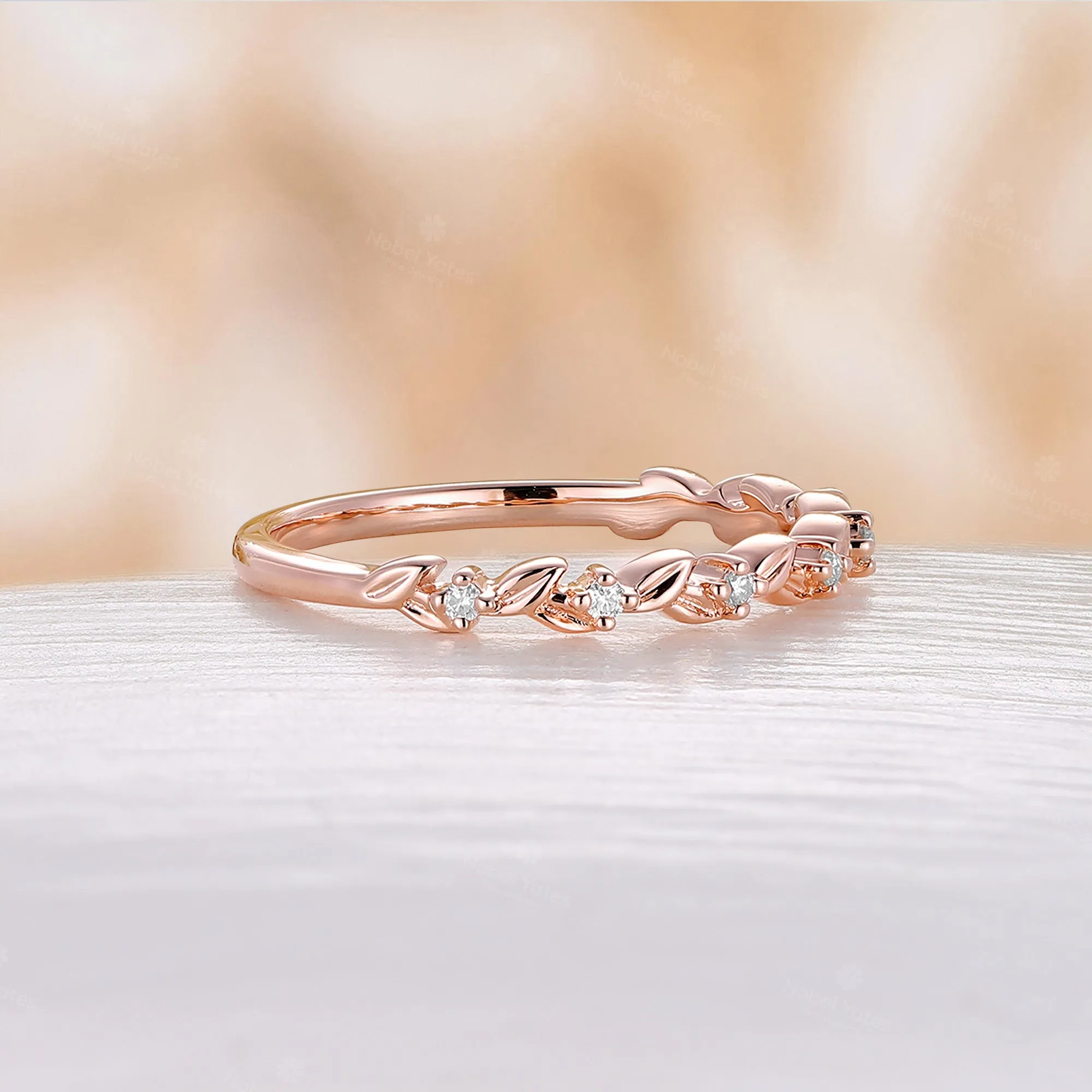 Nature Leaves Design Moissanite Wedding Band Rose Gold Half Eternity