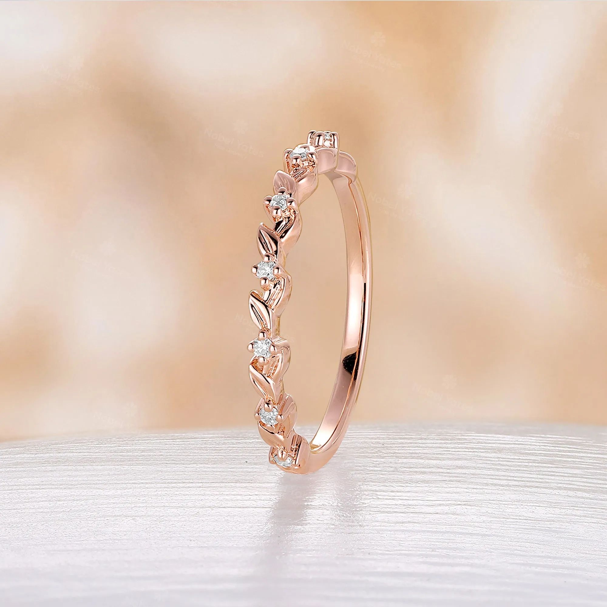 Nature Leaves Design Moissanite Wedding Band Rose Gold Half Eternity