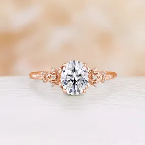 Oval Cut Moissanite Nature Inspired Foral Engagement Ring Rose Gold Side Stone