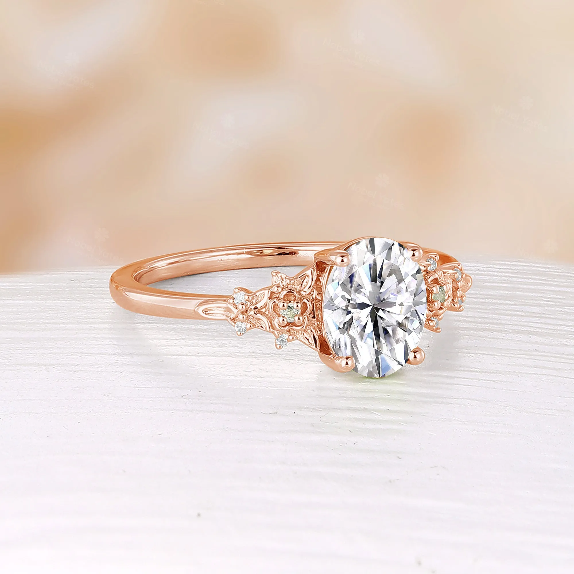 Oval Cut Moissanite Nature Inspired Foral Engagement Ring Rose Gold Side Stone