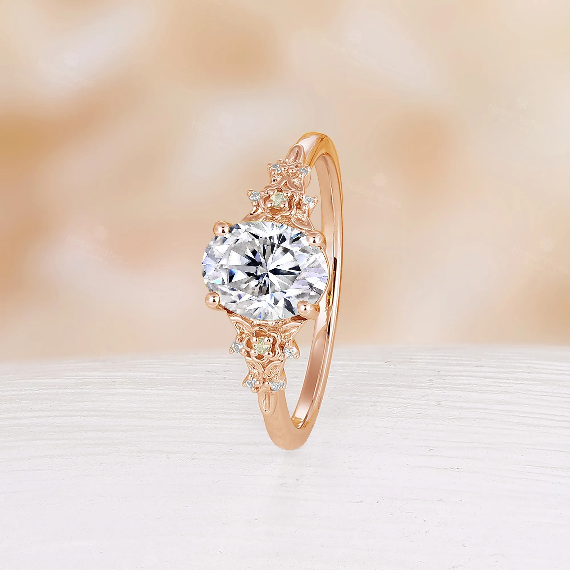 Oval Cut Moissanite Nature Inspired Foral Engagement Ring Rose Gold Side Stone