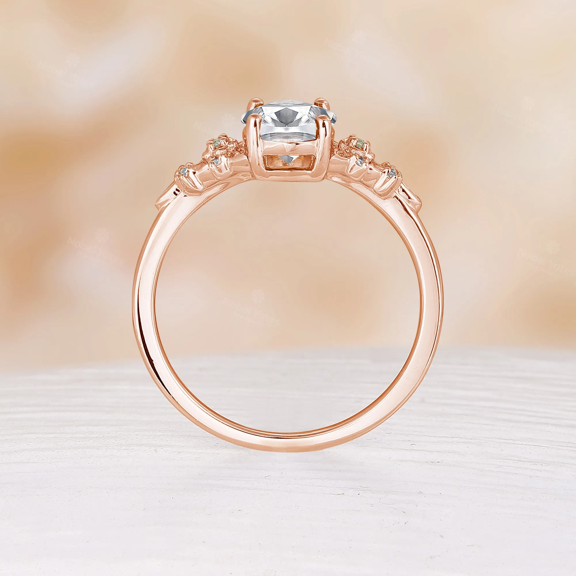 Oval Cut Moissanite Nature Inspired Foral Engagement Ring Rose Gold Side Stone