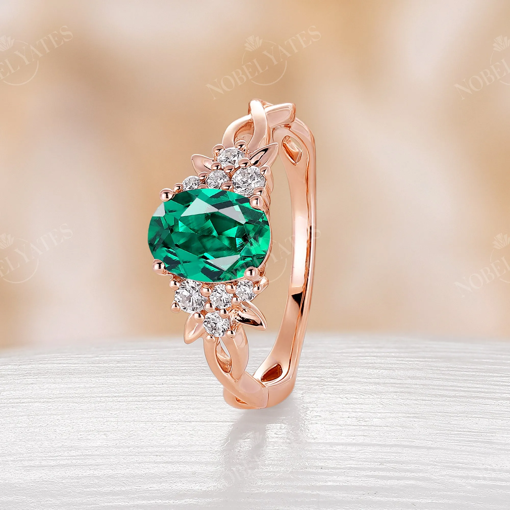 Oval Lab Emerald Twist Band Rose Gold Nature Engagement Ring