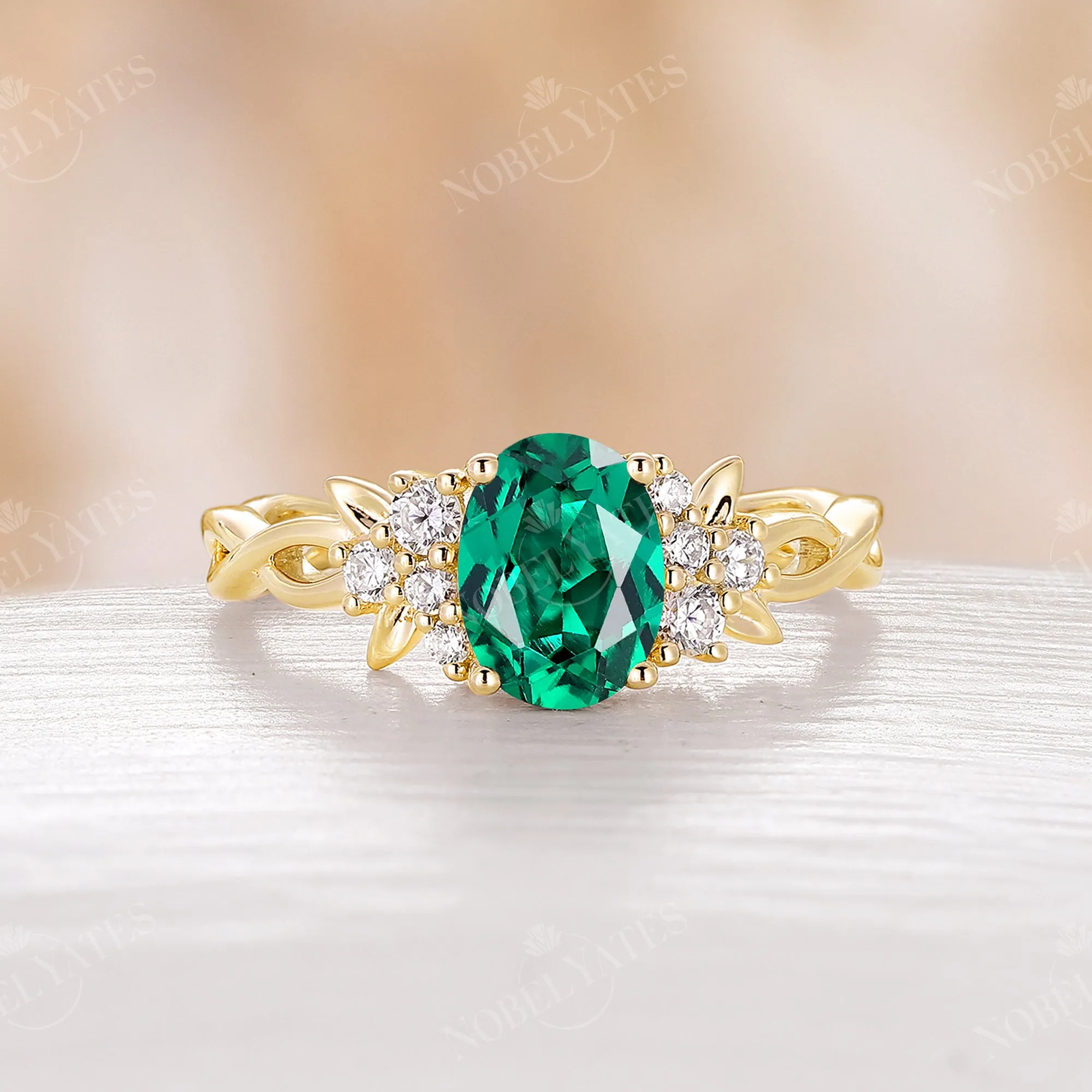 Oval Lab Emerald Twist Band Rose Gold Nature Engagement Ring