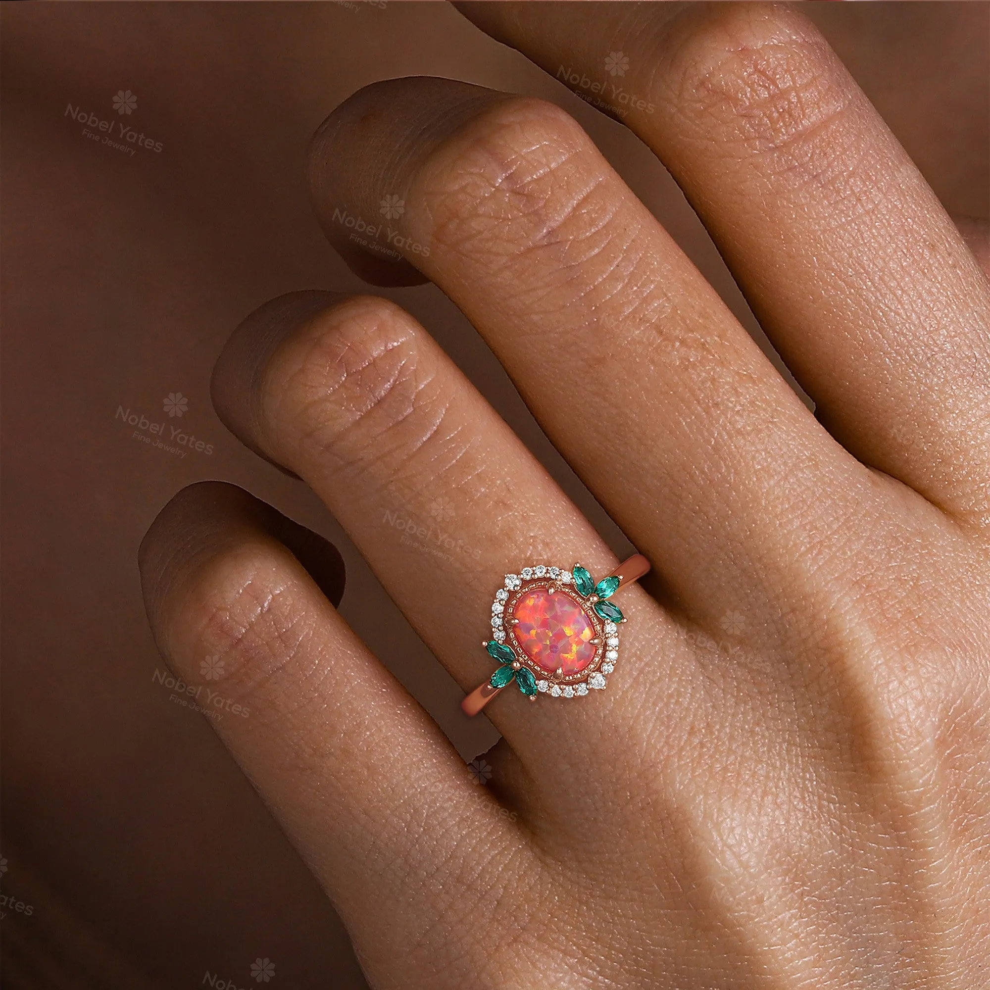 Oval Lab Opal Milgrain Rose Gold Engagement Ring Marquise Emerald