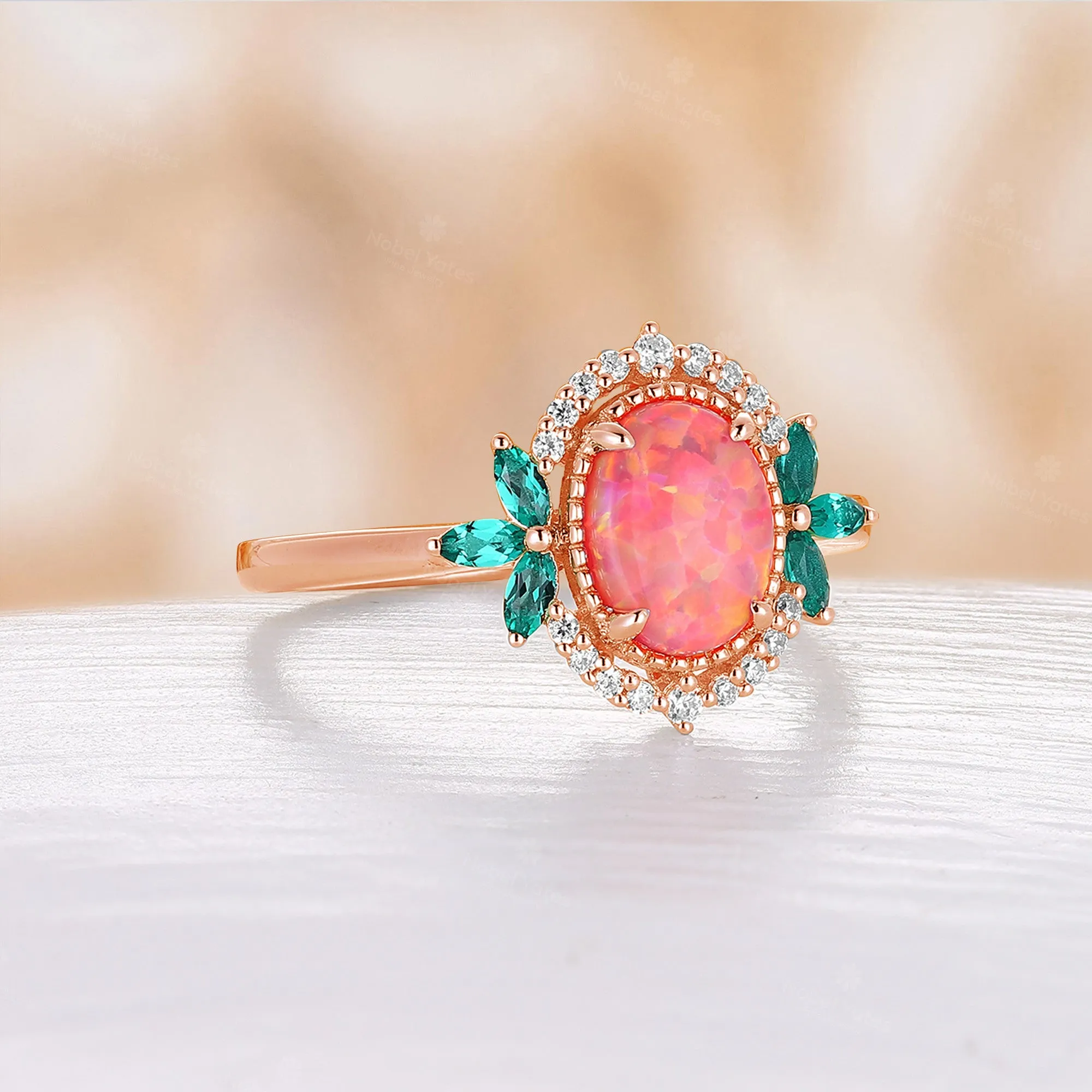 Oval Lab Opal Milgrain Rose Gold Engagement Ring Marquise Emerald