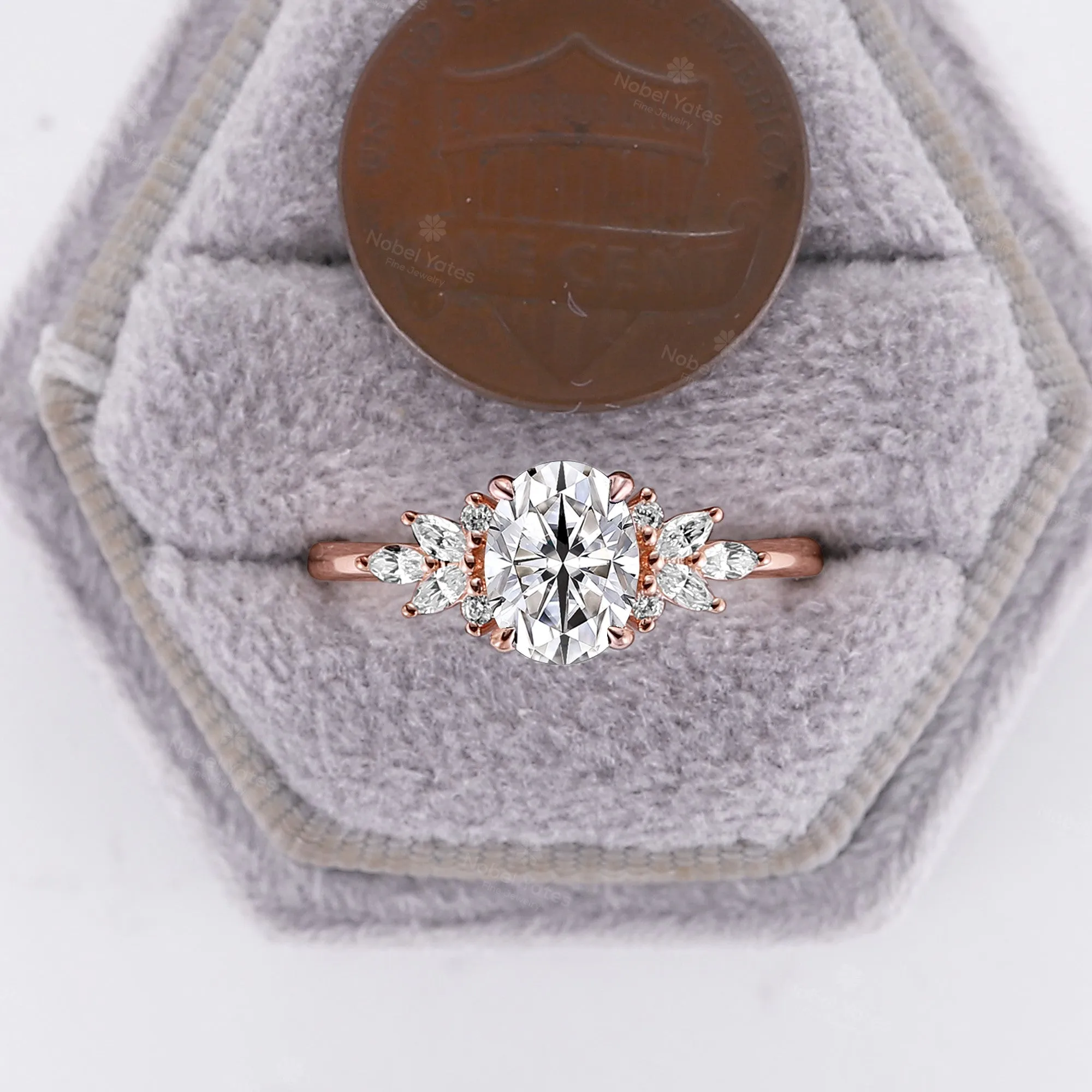 Oval Shape Moissanite Marquise Side Stones Engagement Ring Rose Gold