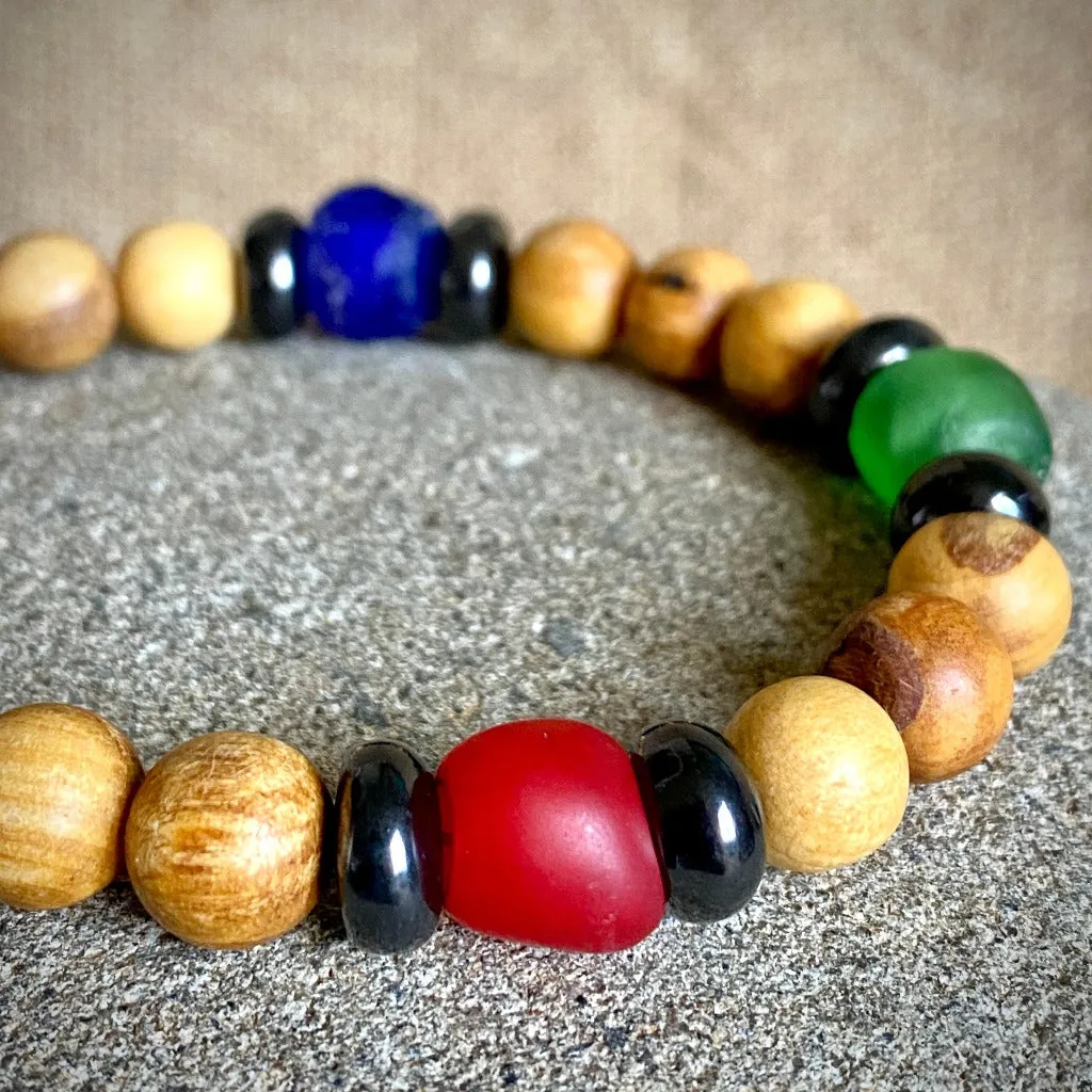 Palo Santo Bracelet, Shungite, African Glass Beads, Brass Elephant Clasp