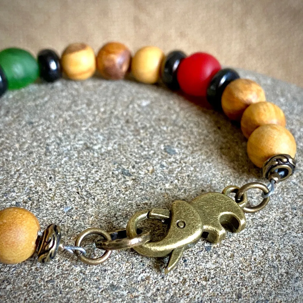 Palo Santo Bracelet, Shungite, African Glass Beads, Brass Elephant Clasp