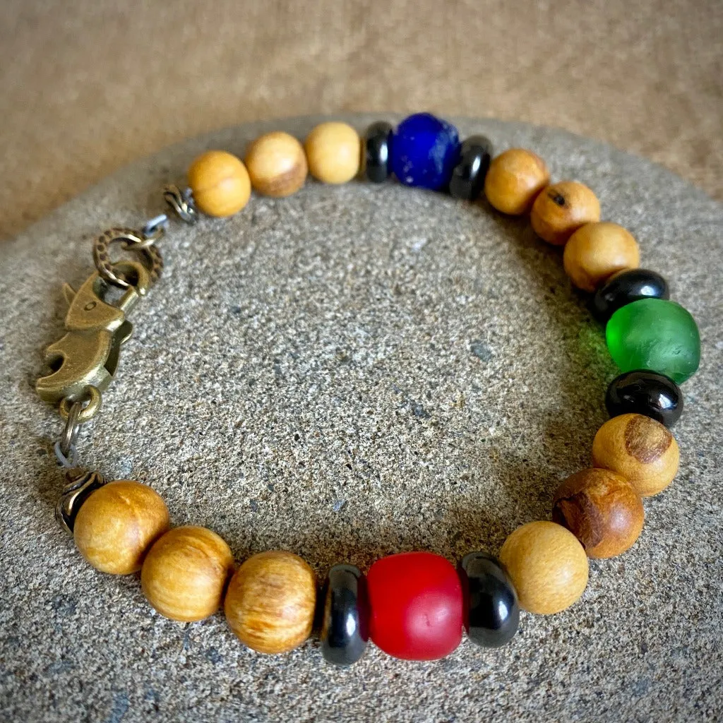 Palo Santo Bracelet, Shungite, African Glass Beads, Brass Elephant Clasp