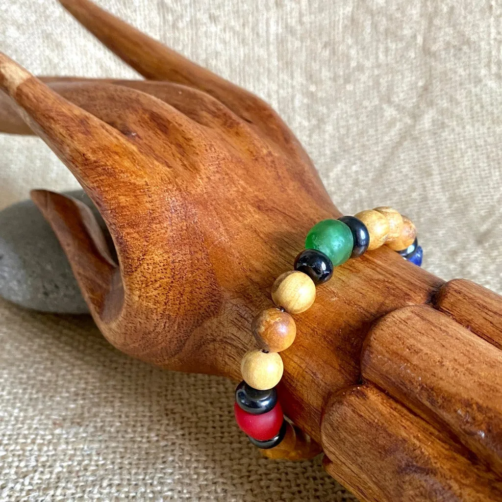 Palo Santo Bracelet, Shungite, African Glass Beads, Brass Elephant Clasp