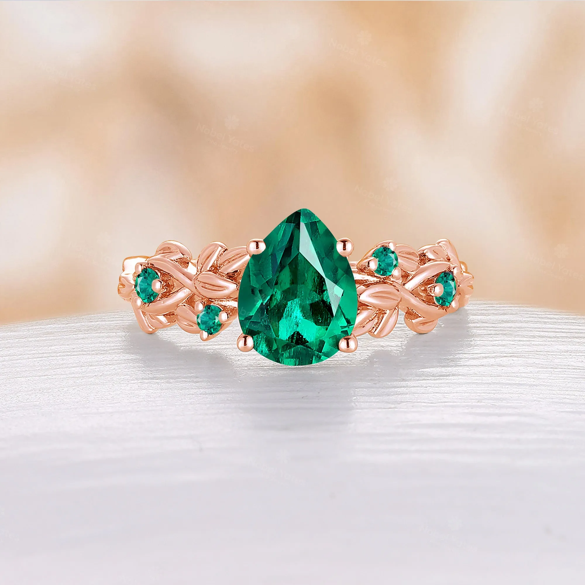 Pear Shape Lab Emerald Nature Inspired Rose Gold Engagement Ring Unique Twist Band