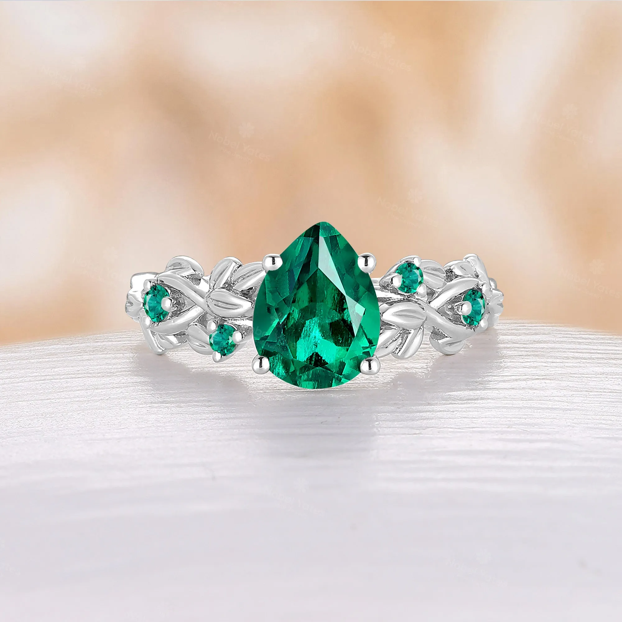 Pear Shape Lab Emerald Nature Inspired Rose Gold Engagement Ring Unique Twist Band