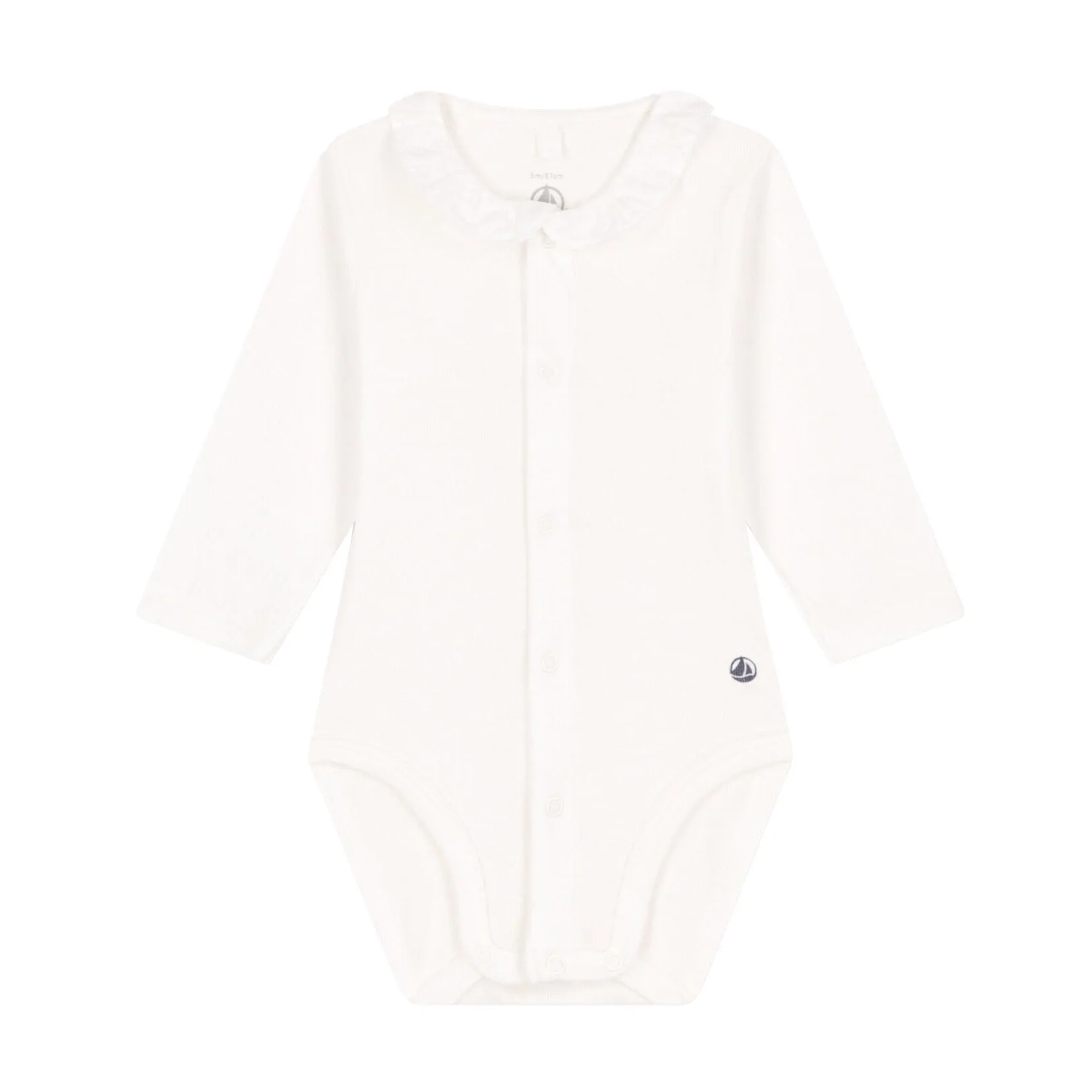 Petit Bateau Long Sleeve Bodysuit with Front Snaps and Ruffle Collar - White