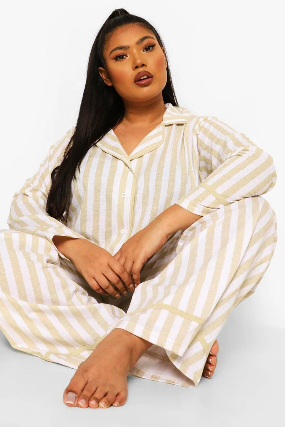 Plus Neutral Stripe Pipe Detail Pajama Set