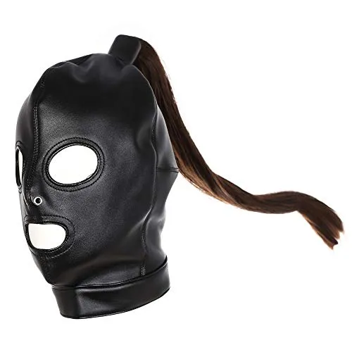 PU Leather Bondage Mask Hood SM Sex Toy with Removable Wig, Unisex Adult Eyes and Mouth Open Black Restraint Headgear Mask Hood 