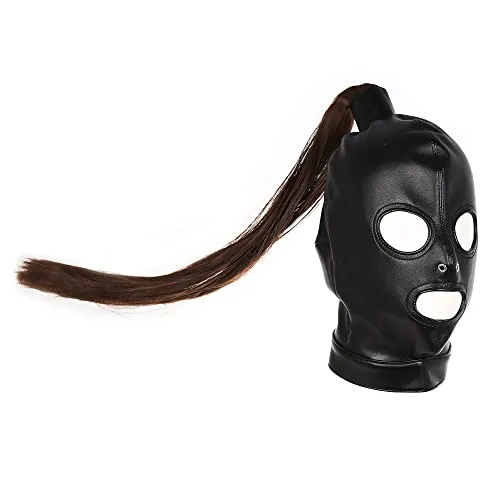 PU Leather Bondage Mask Hood SM Sex Toy with Removable Wig, Unisex Adult Eyes and Mouth Open Black Restraint Headgear Mask Hood 