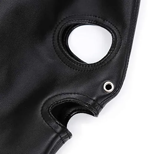 PU Leather Bondage Mask Hood SM Sex Toy with Removable Wig, Unisex Adult Eyes and Mouth Open Black Restraint Headgear Mask Hood 