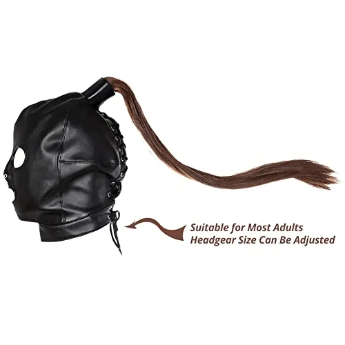 PU Leather Bondage Mask Hood SM Sex Toy with Removable Wig, Unisex Adult Eyes and Mouth Open Black Restraint Headgear Mask Hood 