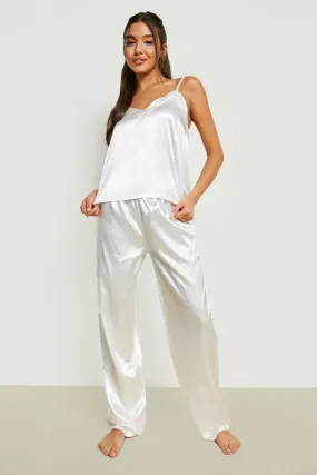 Satin Cami Pajama Pants Set With Contrast Pipe