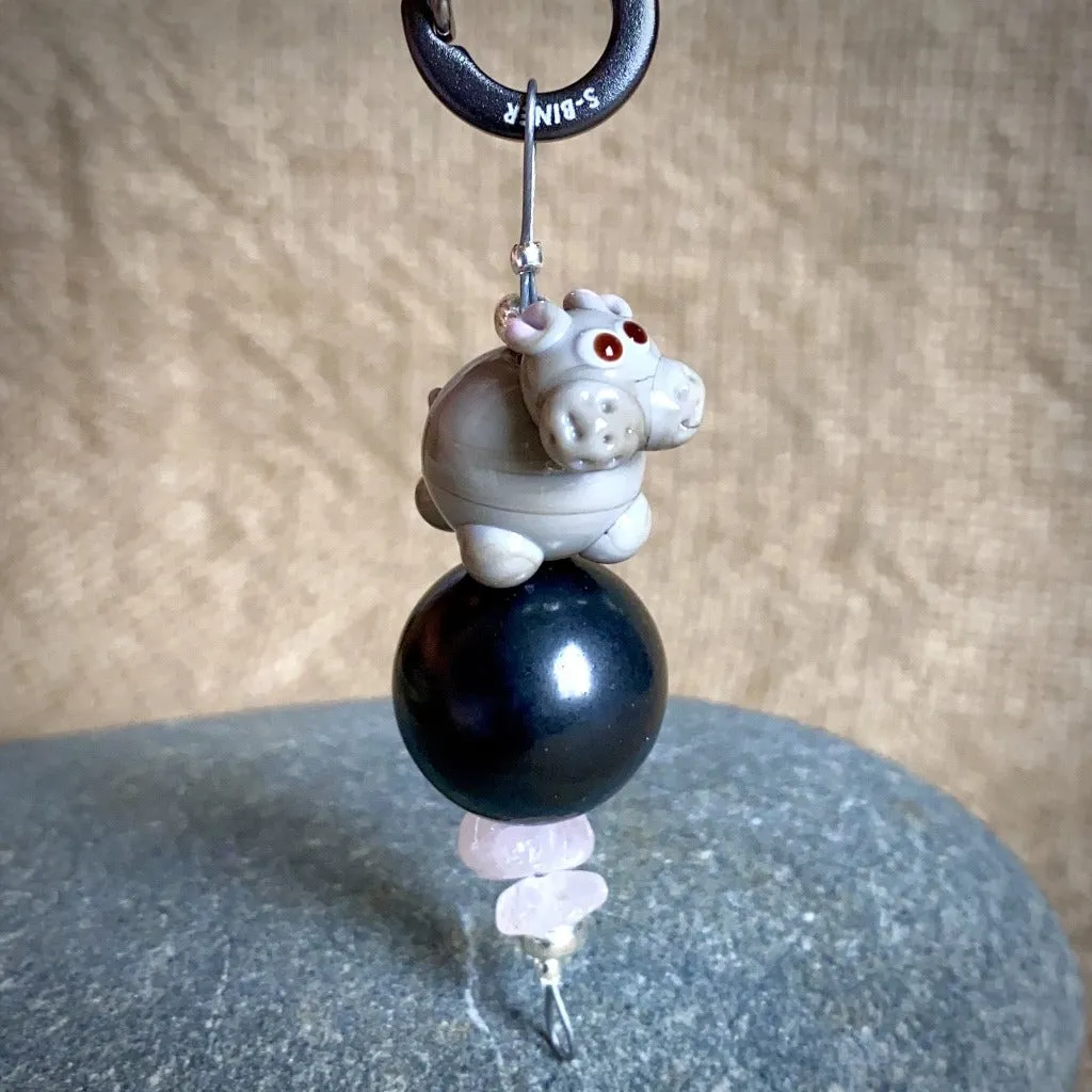 Shungite Hippo Clip-On w/Rose Quartz, Artisan Lampwork Glass Bead