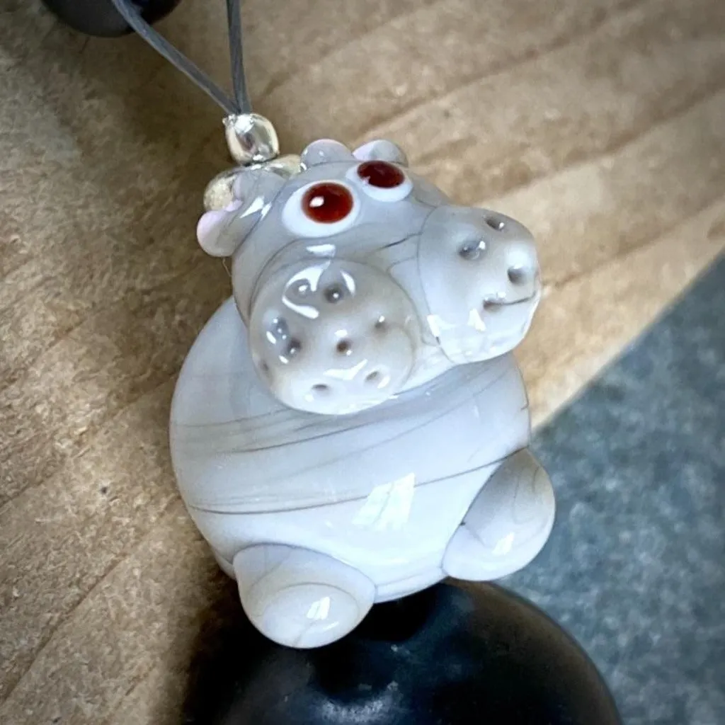 Shungite Hippo Clip-On w/Rose Quartz, Artisan Lampwork Glass Bead