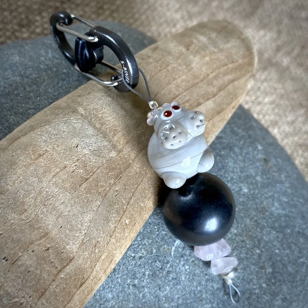 Shungite Hippo Clip-On w/Rose Quartz, Artisan Lampwork Glass Bead