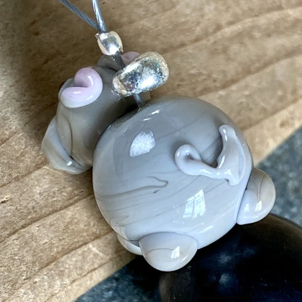 Shungite Hippo Clip-On w/Rose Quartz, Artisan Lampwork Glass Bead