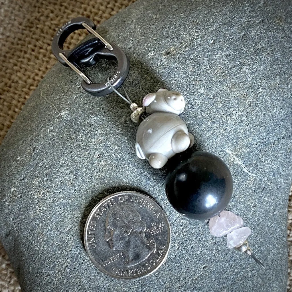 Shungite Hippo Clip-On w/Rose Quartz, Artisan Lampwork Glass Bead