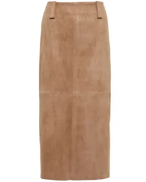 Tan Suede Split Front Midi Skirt