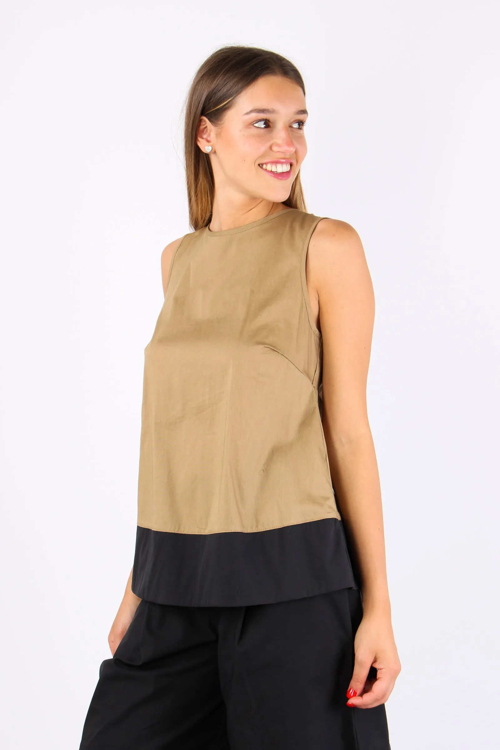 Top Bicolore Fiocco Dietro Beige/nero