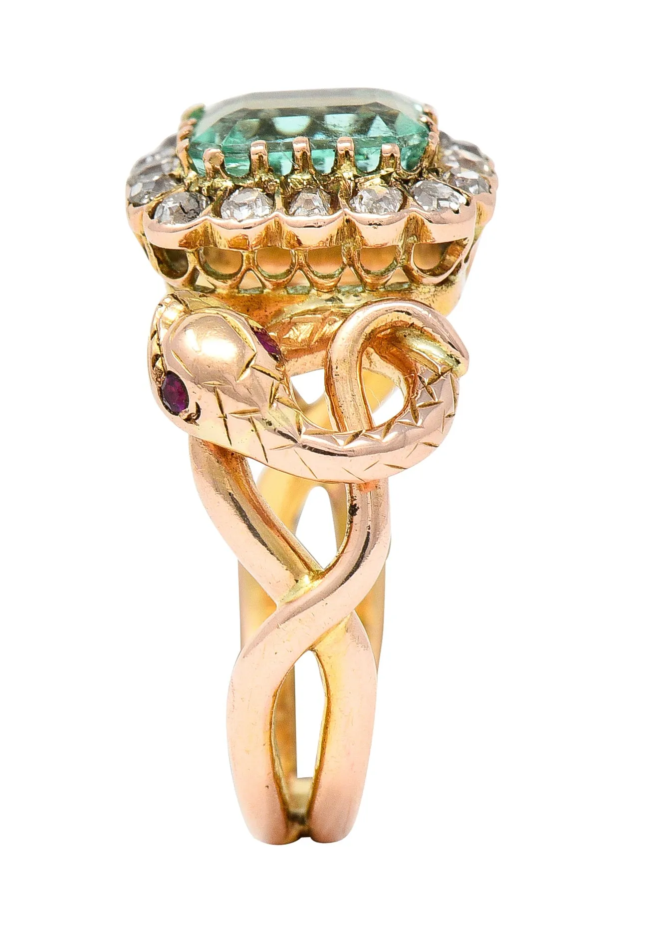 Victorian 2.46 CTW Emerald Old Mine Cut Diamond 18 Karat Rose Gold Snake Antique Halo Ring