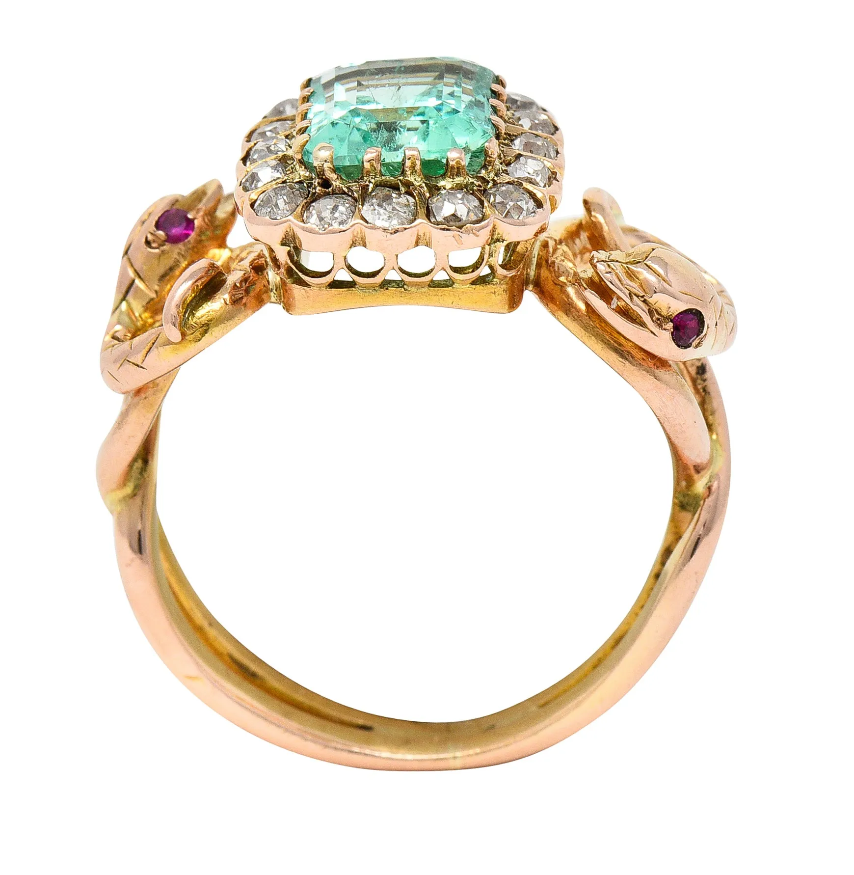 Victorian 2.46 CTW Emerald Old Mine Cut Diamond 18 Karat Rose Gold Snake Antique Halo Ring