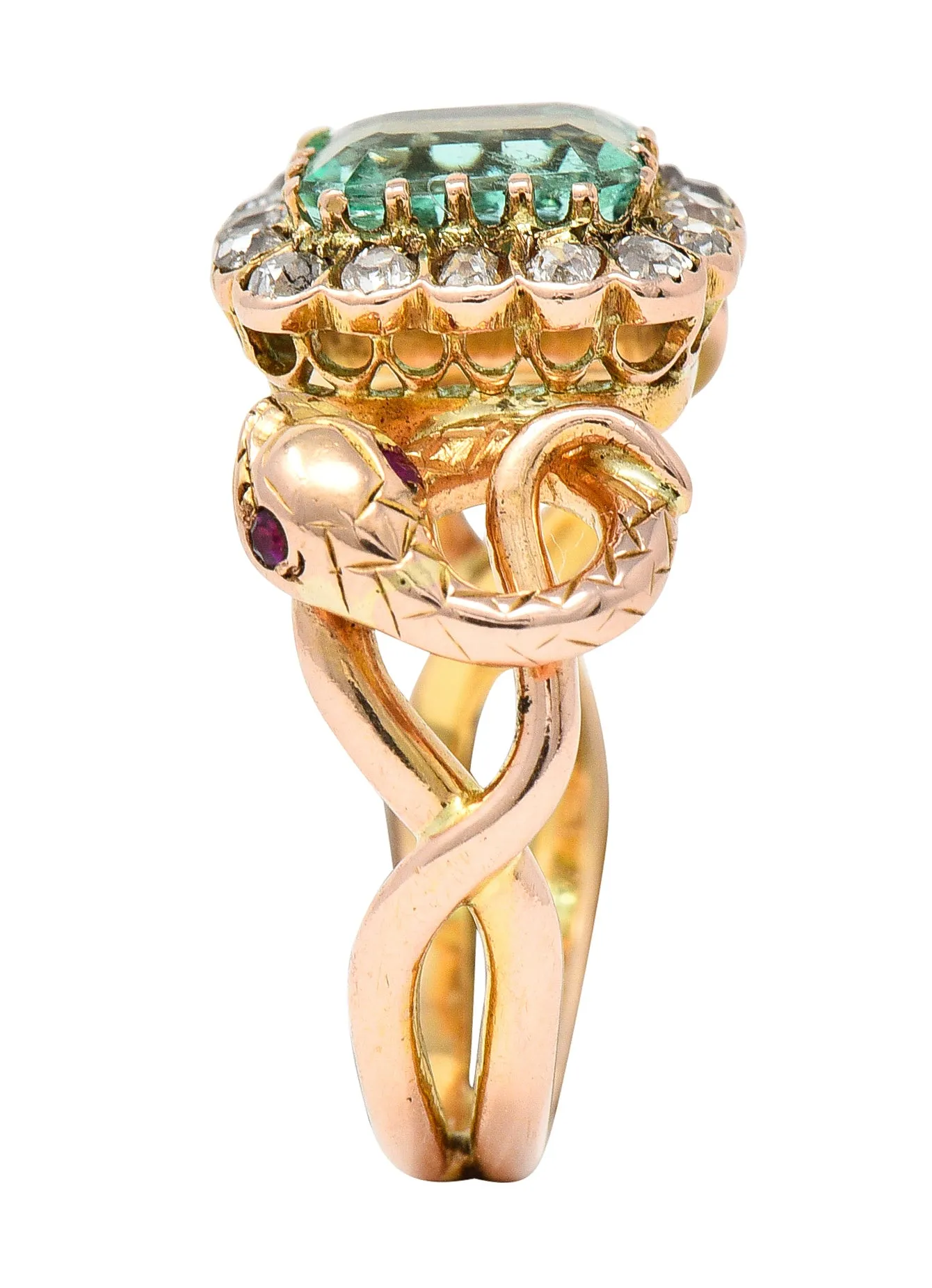 Victorian 2.46 CTW Emerald Old Mine Cut Diamond 18 Karat Rose Gold Snake Antique Halo Ring