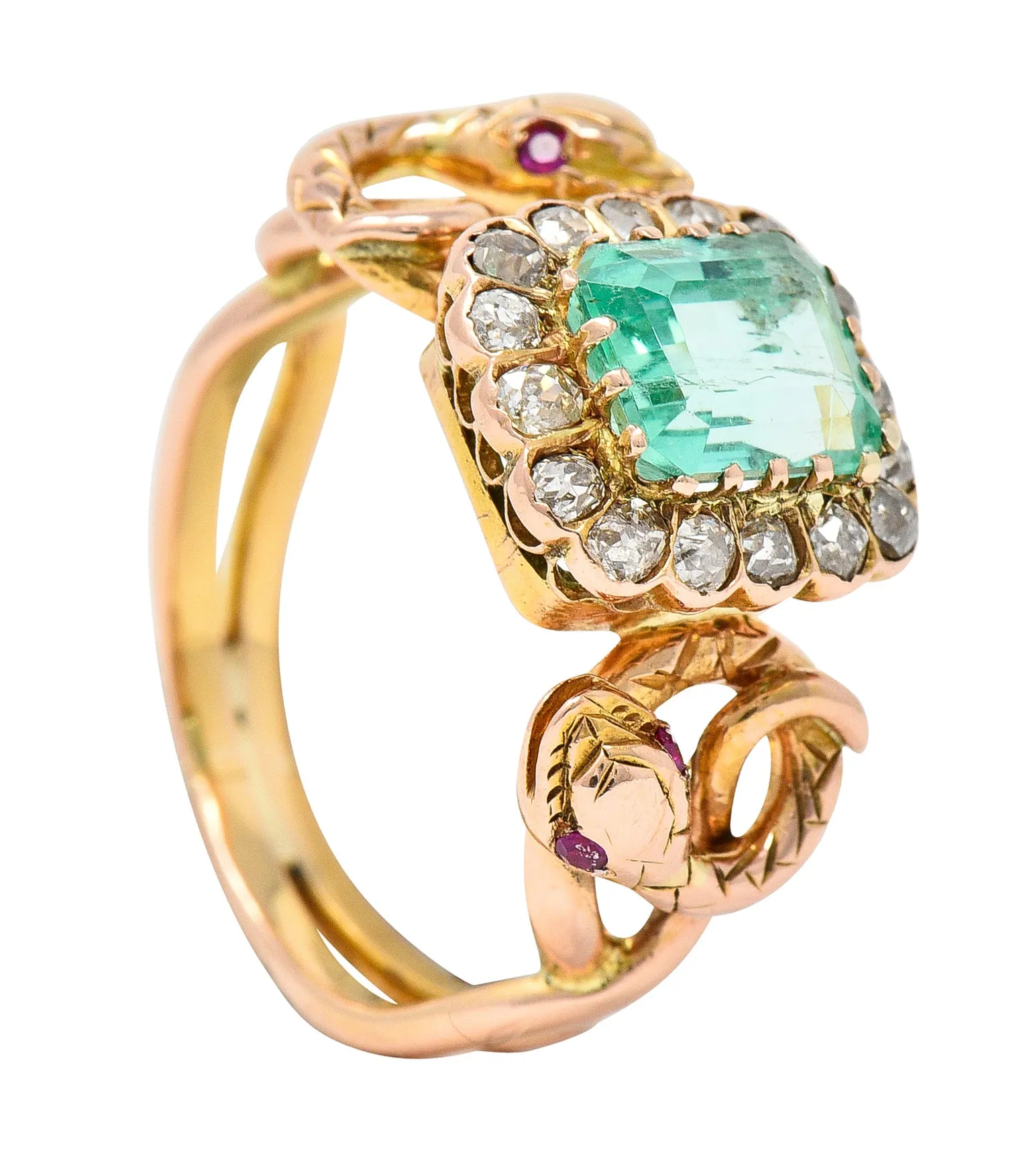 Victorian 2.46 CTW Emerald Old Mine Cut Diamond 18 Karat Rose Gold Snake Antique Halo Ring