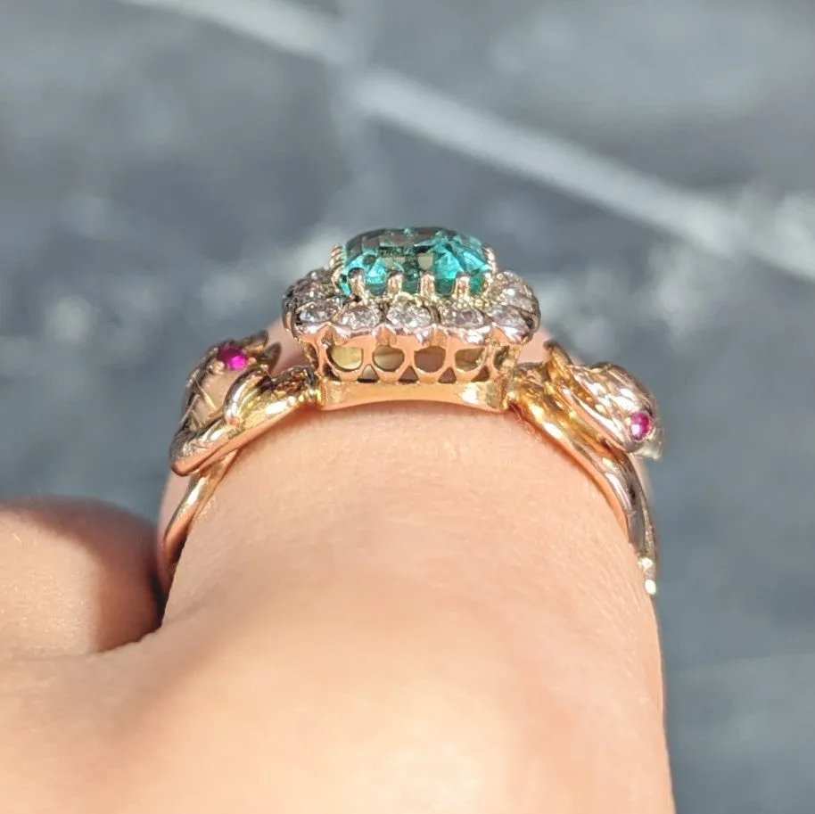 Victorian 2.46 CTW Emerald Old Mine Cut Diamond 18 Karat Rose Gold Snake Antique Halo Ring