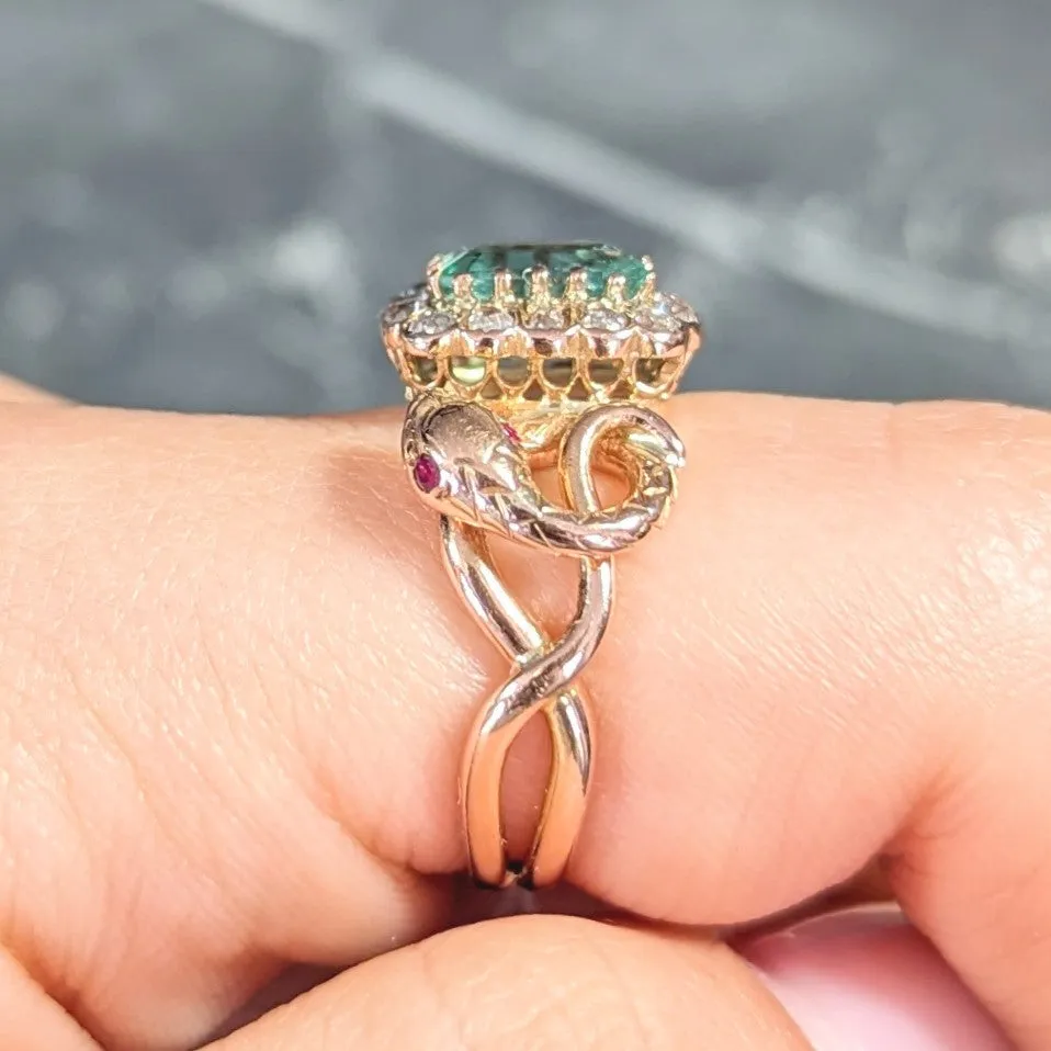 Victorian 2.46 CTW Emerald Old Mine Cut Diamond 18 Karat Rose Gold Snake Antique Halo Ring