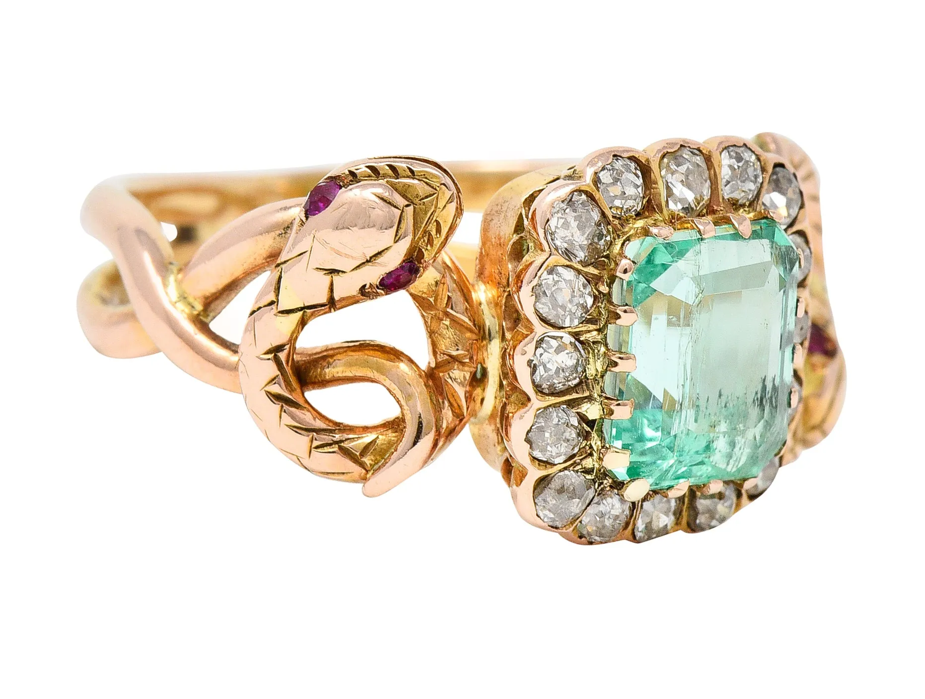 Victorian 2.46 CTW Emerald Old Mine Cut Diamond 18 Karat Rose Gold Snake Antique Halo Ring